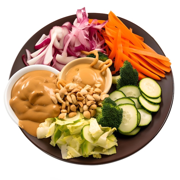 A plate of food with a bowl of peanut sauce and cucumbers.