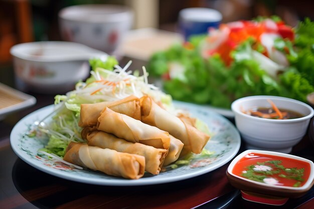 A plate of food with a bowl of sauce and spring onions on it.