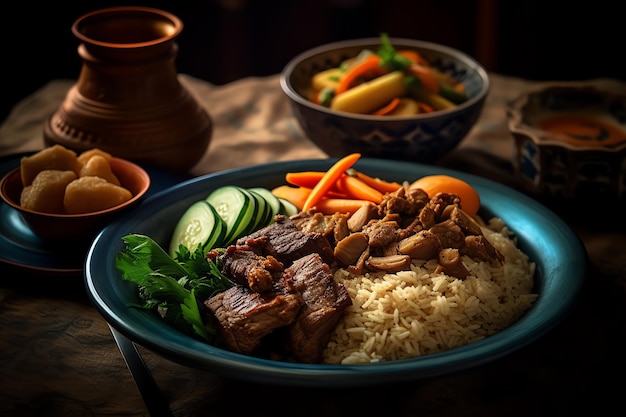 A plate of food with a bowl of vegetables and a bowl of rice