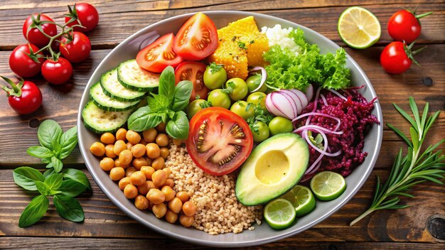 a plate of food with a bowl of vegetables and a fruit salad