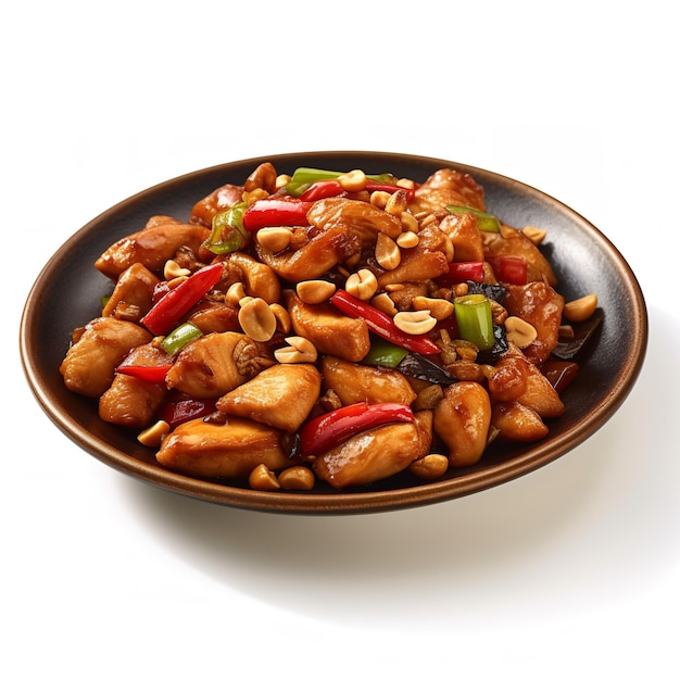 A plate of food with a brown rim and a brown bowl with food on it.