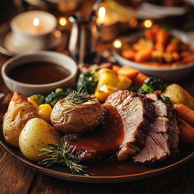 Photo a plate of food with a brown sauce and a small bowl of food on the table