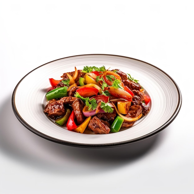 A plate of food with a brown stripe around the edge of it