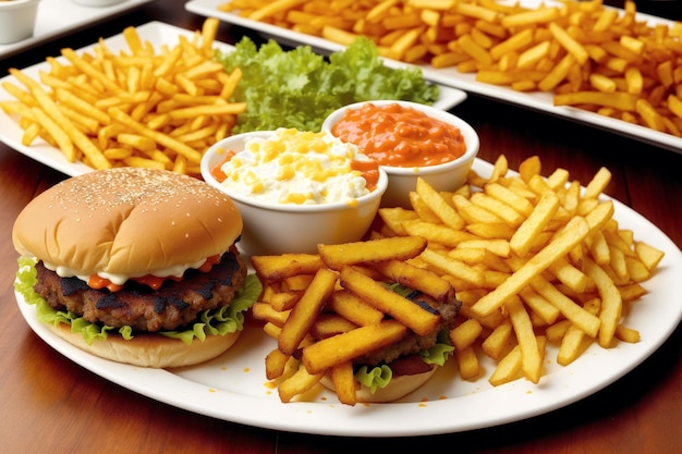 A plate of food with a burger and fries on it