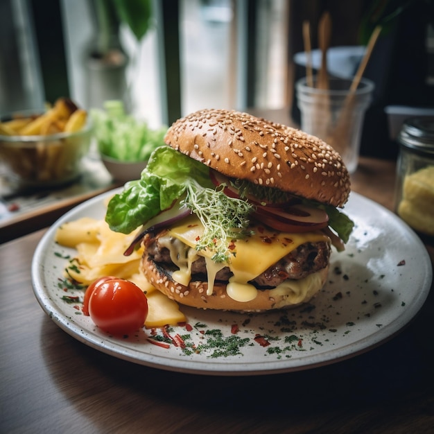 A plate of food with a burger and fries on it