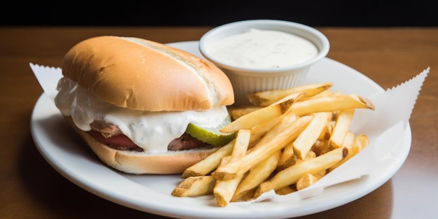 A plate of food with a burger and fries