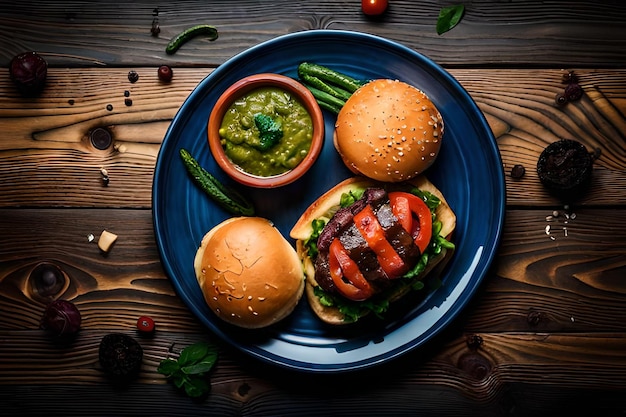 A plate of food with a burger and green sauce on it