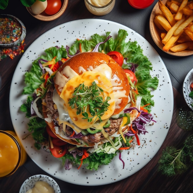 A plate of food with a burger on it