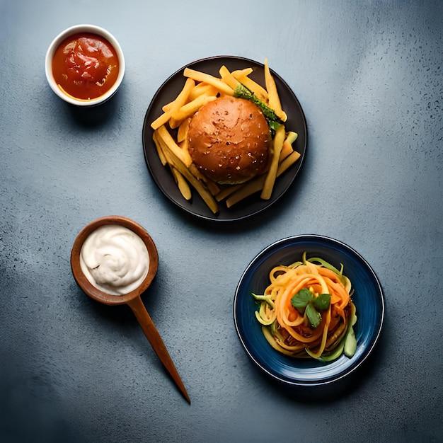 A plate of food with a burger and some sauces on it