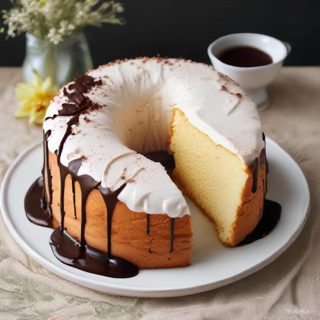 a plate of food with a cake and a cup of coffee on it