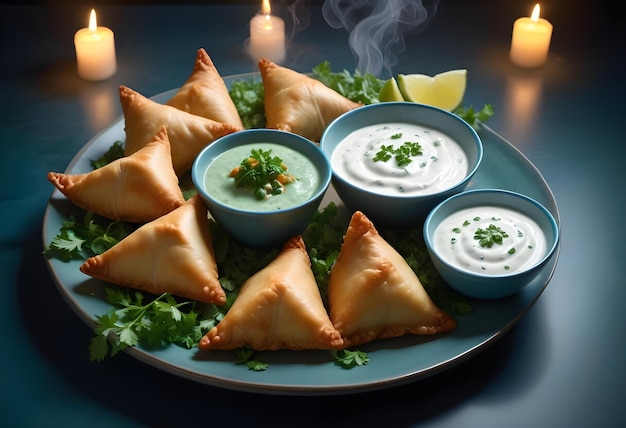 a plate of food with a candle in the background