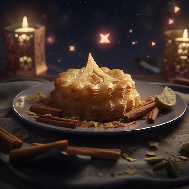 A plate of food with a candle and a candle on the table