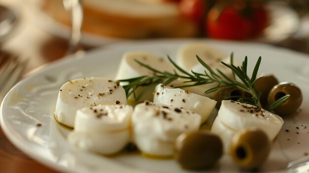 Photo a plate of food with cheese and mushrooms on it