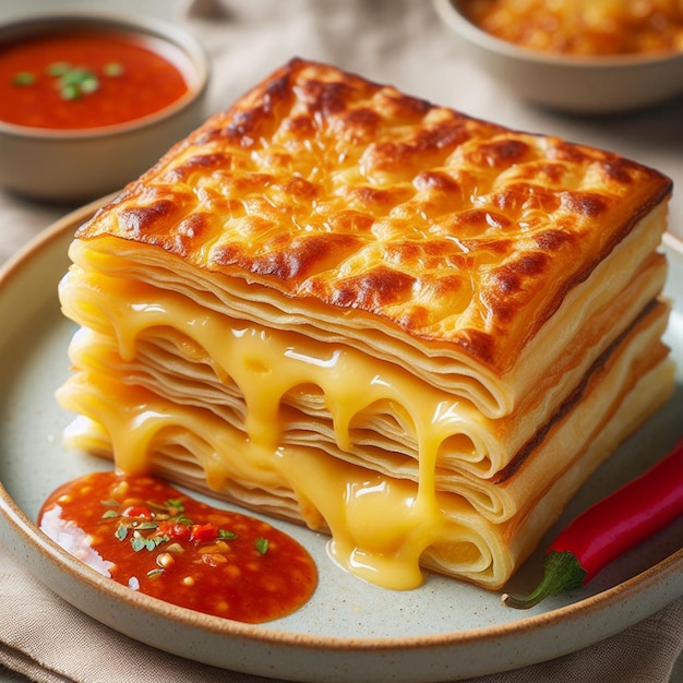 a plate of food with a cheesy pasta and sauce