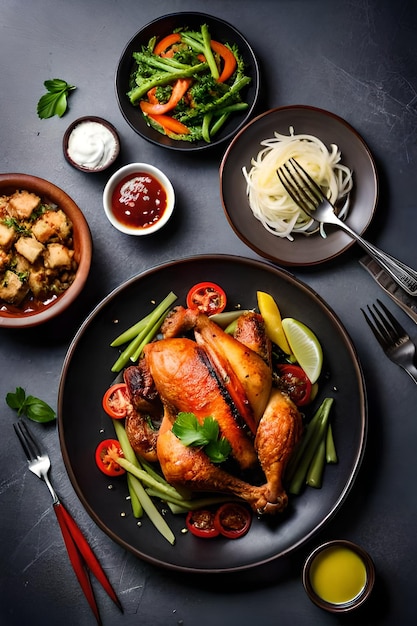 A plate of food with a chicken on it and a bowl of green beans on the side.