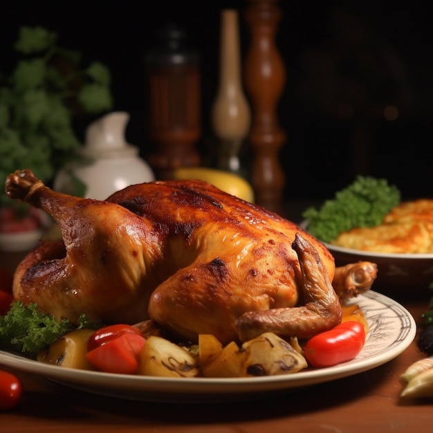 A plate of food with a chicken on it and a plate of vegetables on the table.