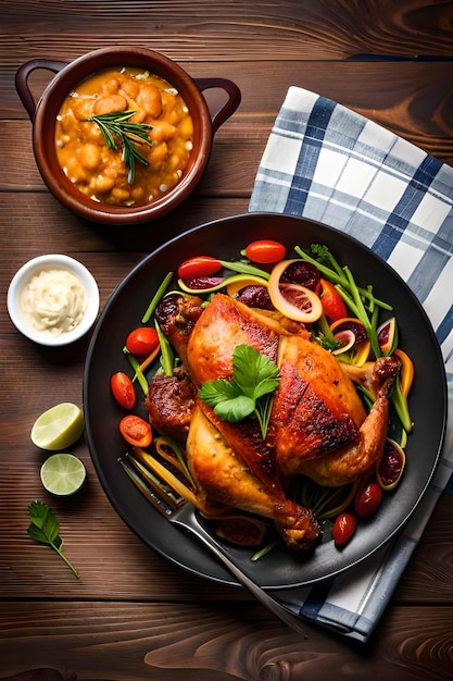 Photo a plate of food with a chicken on it and vegetables on the table