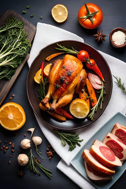 A plate of food with a chicken on it