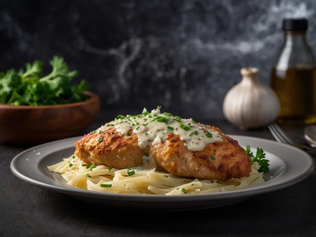 Photo a plate of food with a chicken and pasta on it