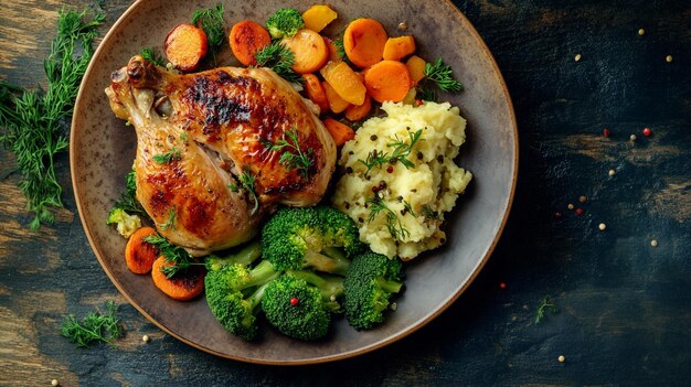 a plate of food with chicken potatoes and broccoli