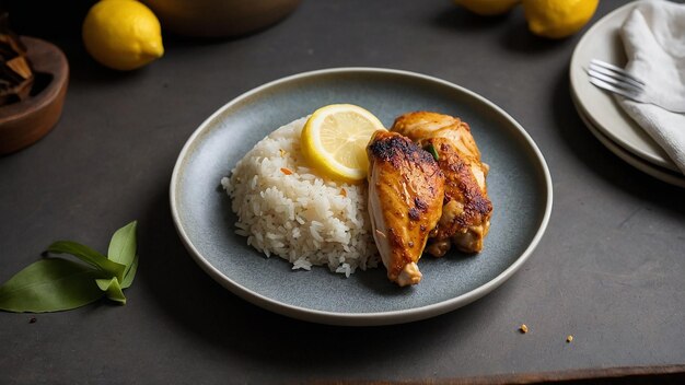 A plate of food with chicken and rice and a lemon wedge