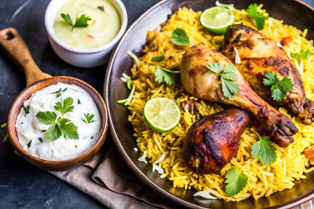 a plate of food with chicken rice and lemon