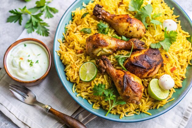 a plate of food with chicken and rice and lime