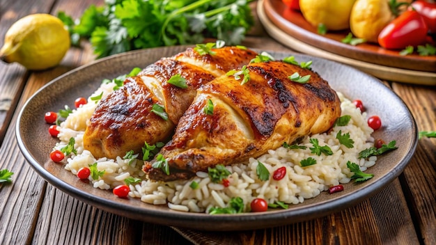 a plate of food with chicken rice and a plate of rice