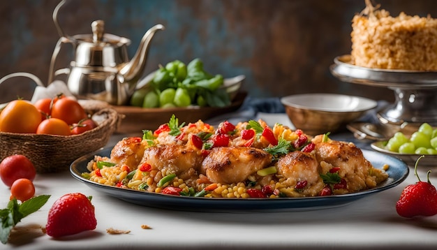 a plate of food with chicken and rice and a pot of spices