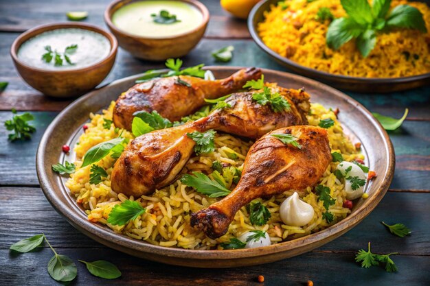 a plate of food with chicken and rice and rice