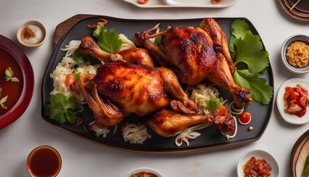 a plate of food with a chicken and rice and vegetables