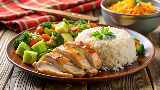 a plate of food with chicken rice and vegetables