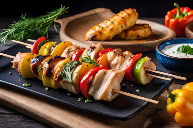 A plate of food with a chicken skewer and a bowl of chicken.