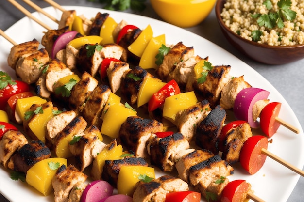 A plate of food with a chicken skewer and a bowl of couscous.