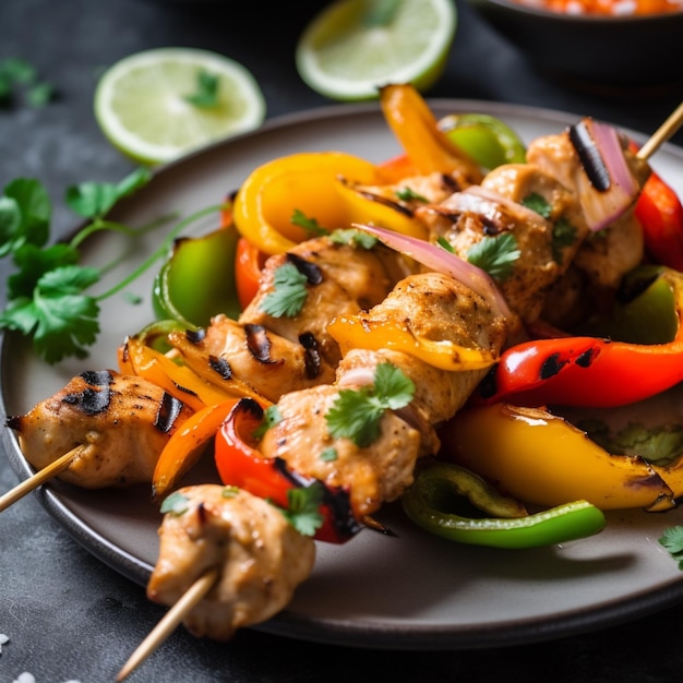 A plate of food with a chicken skewer and vegetables on it.