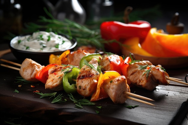 A plate of food with a chicken skewer and vegetables