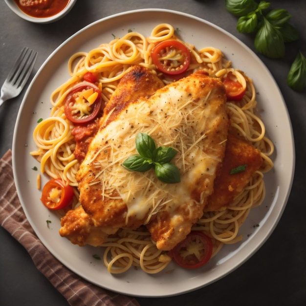 A plate of food with a chicken and spaghetti and tomatoes.