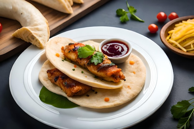 A plate of food with a chicken taco on it