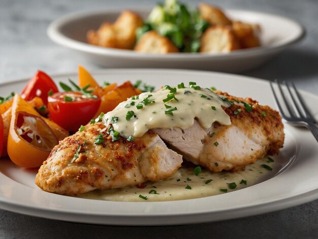 Photo a plate of food with chicken vegetables and a fork