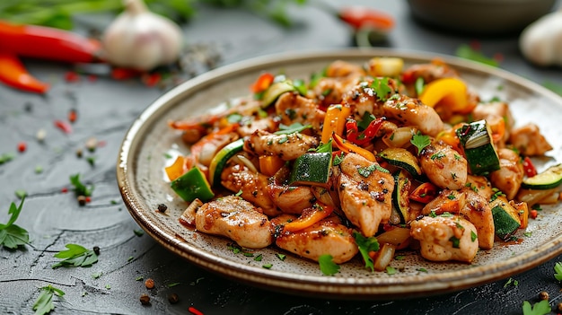 a plate of food with chicken and vegetables on it