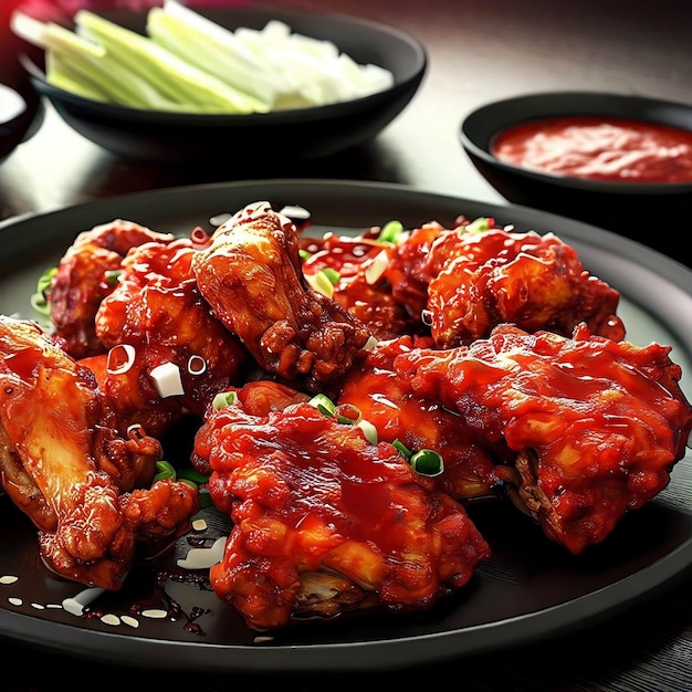 A plate of food with chicken wings and a bowl of celery on the side.