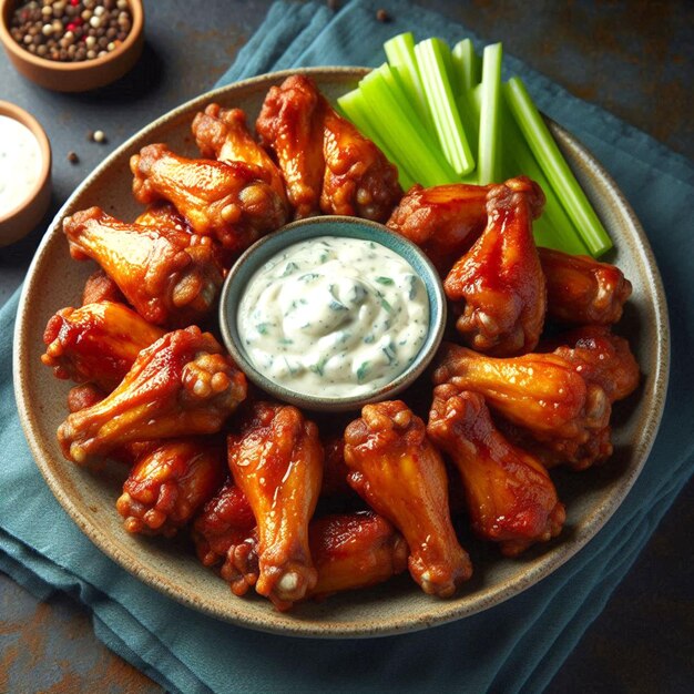 a plate of food with chicken wings and a bowl of dip