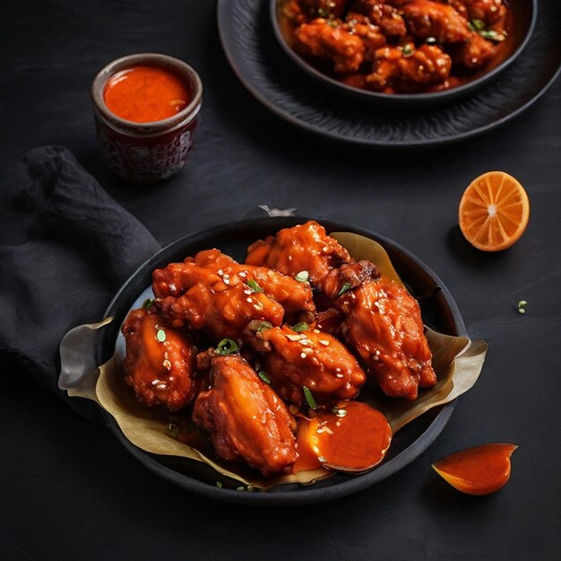 Photo a plate of food with chicken wings and orange slices