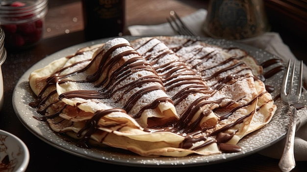 A plate of food with chocolate syrup and a plate of pancakes.