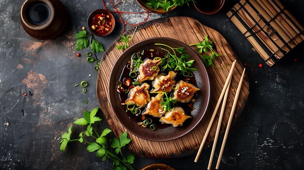 Photo a plate of food with chopsticks and a bottle of wine