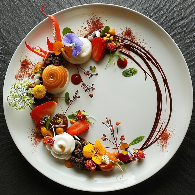 a plate of food with a circle of chocolate on it