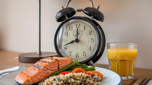 Photo a plate of food with a clock on it and a plate of food on the table