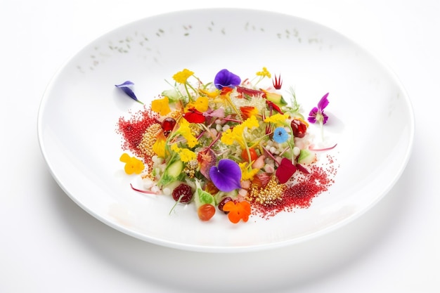 A plate of food with a colorful flower on it.