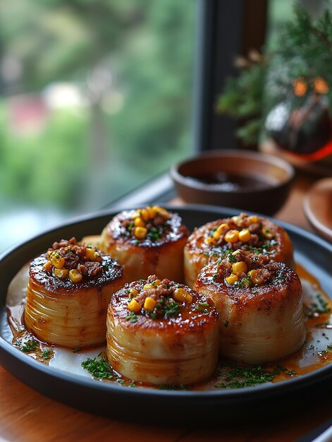 a plate of food with corn on it and a tree in the background