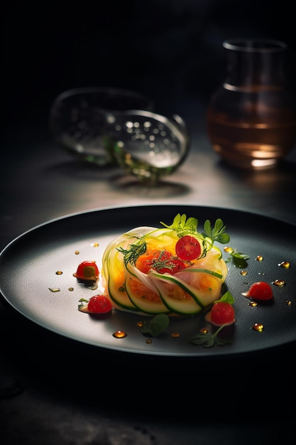 A plate of food with a cucumber and tomato on it.